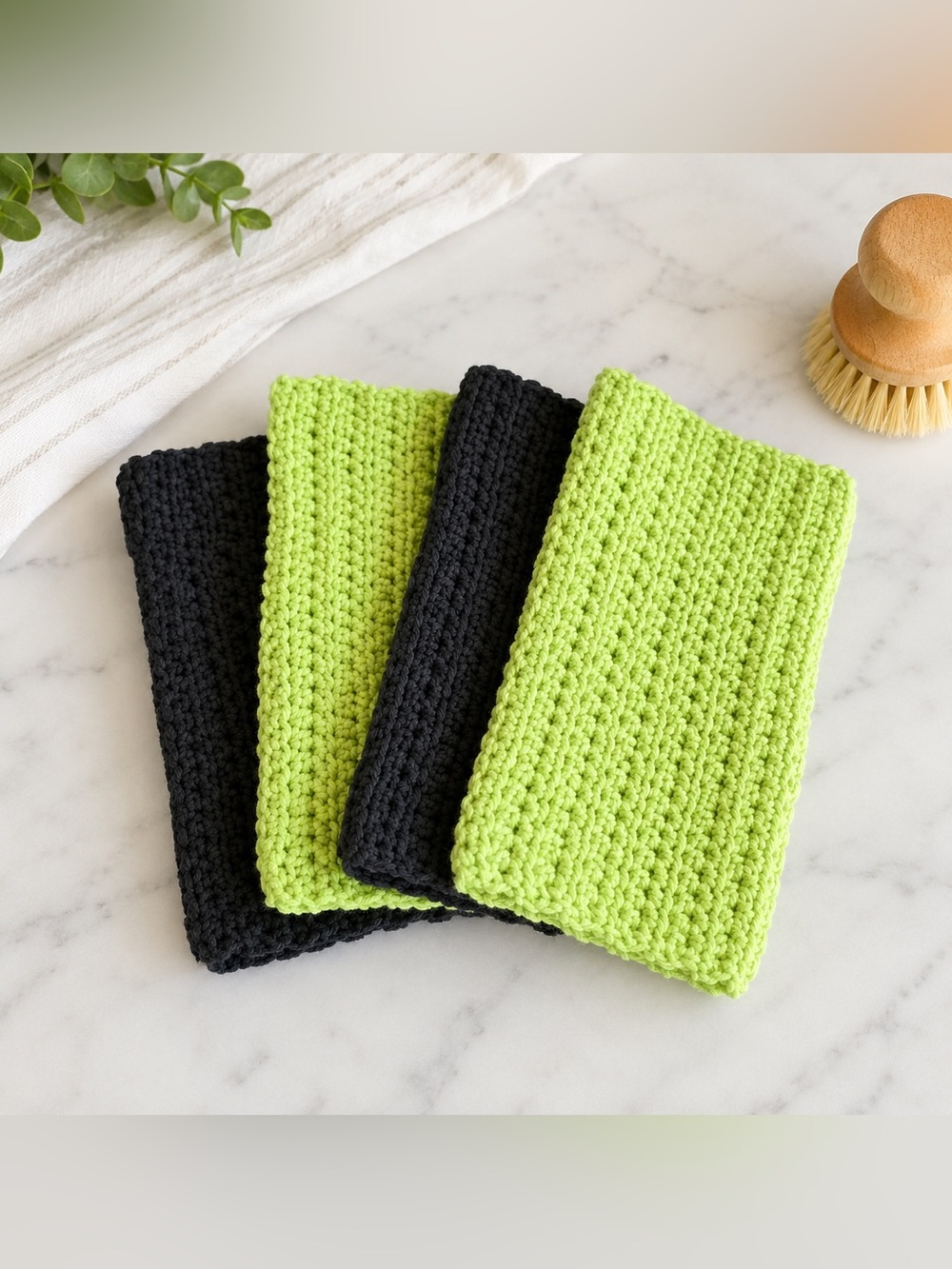 Handmade Crochet 100% cotton Dishcloths Set of 4 Lime Green Black Washcloths